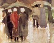 Scheveningen women and other people under umbrellas